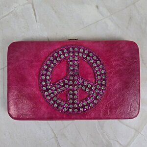 Bright Pink Hardside Wallet Crystal Peace Sign ID/Credit Card Slots Zip Pocket